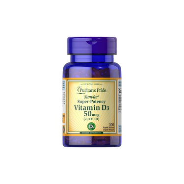 A bottle of Puritan's Pride Vitamin D3 2000 IU 100 Rapid Release Liquid Softgels with a white background, promoting calcium absorption and immune function.